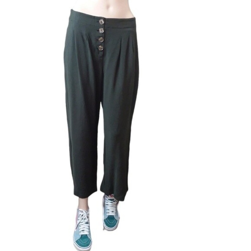 LOFT Dark Green High Waist Button Fly Wide Leg Pants